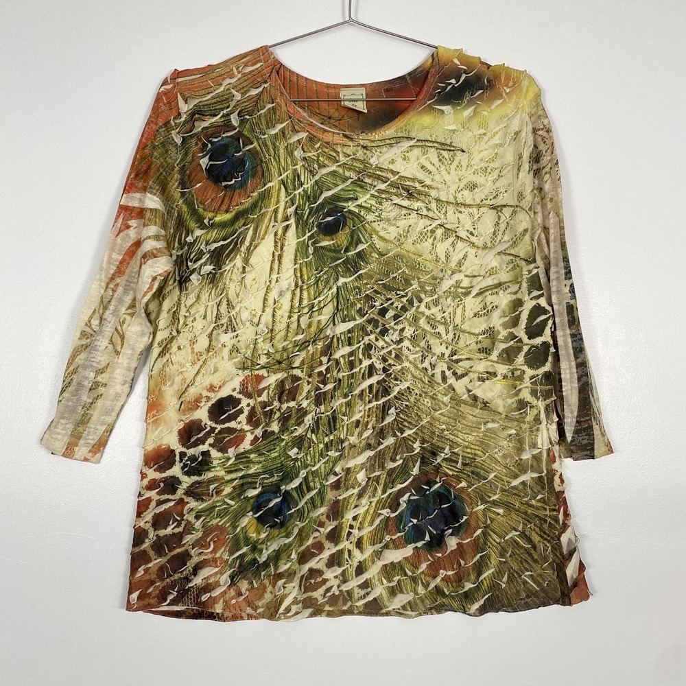 Jess & Jane Shirt Womens Large Multicolor Peacock Ruffle Tunic Top Made In USA